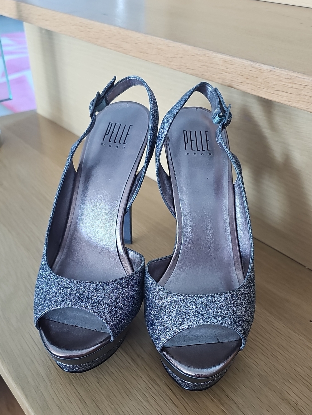 Pelle Moda Sparkling Silver Peep-Toe Slingback Heels